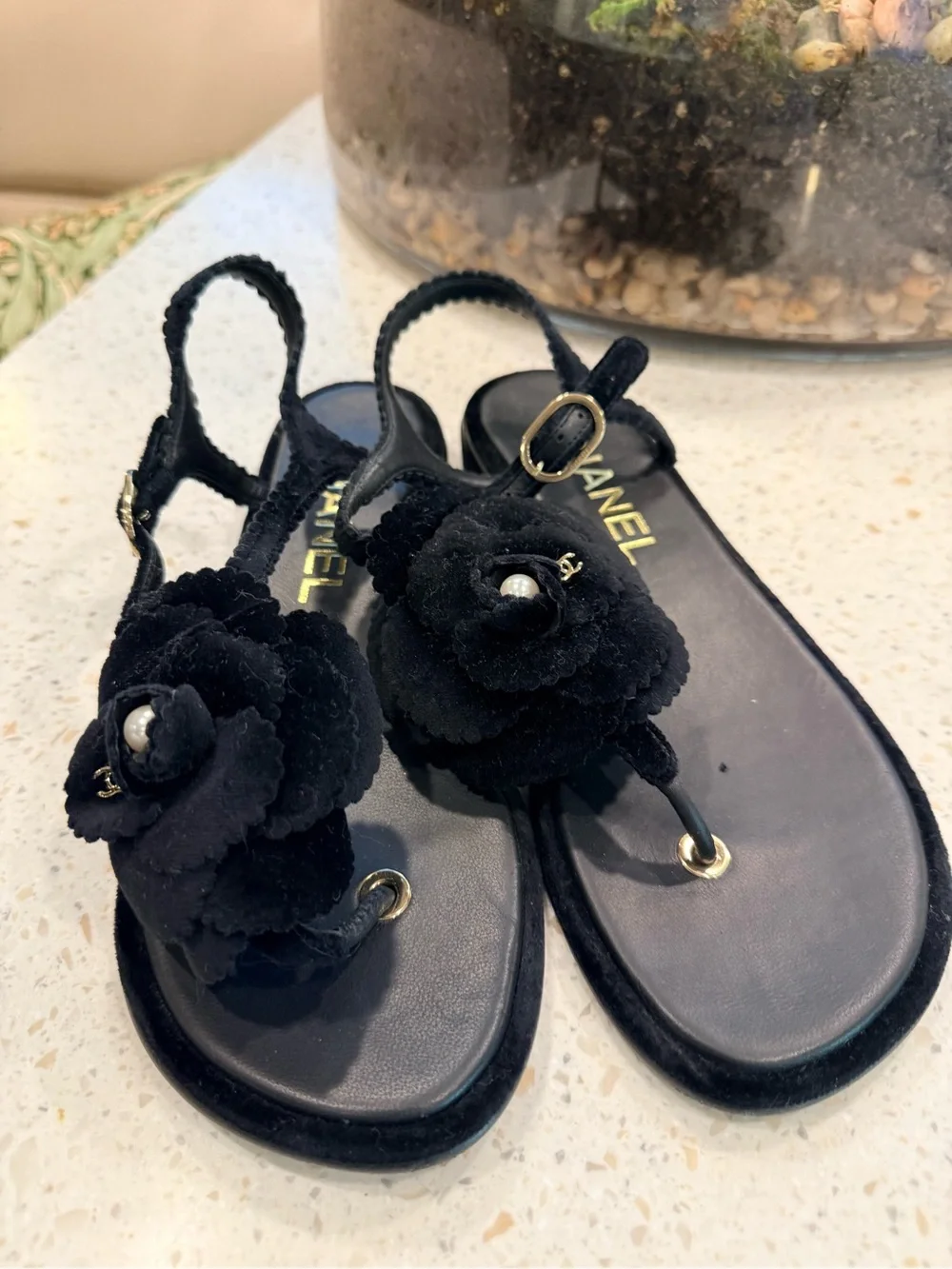CHANEL Black Camellia Pearl-Accent Slingback Sandals